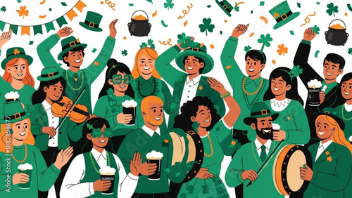 St. Patricks Day Celebration with People in Green Outfits Dancing and Playing Instruments