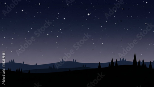 Starry Night Sky over Silhouetted Trees and Hills, Gradient Background