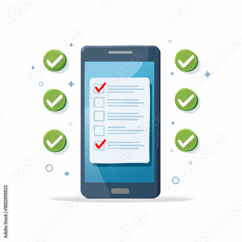 Mobile phone with checklist on screen. Vector illustration of smartphone with to-do list. Green checkmark icons. White background. Task list on mobile device. App design element. Checklist