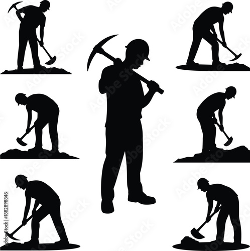 Silhouette of hardworking miners using pickaxe and shovel tools, labor concept illustration showing construction, excavation, mining industry workforces isolated on white background