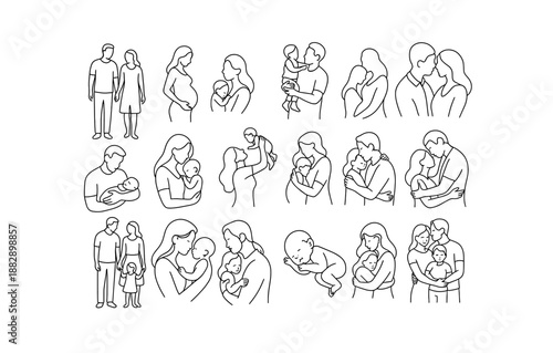 Family togetherness: heartwarming line art collection of parents and children