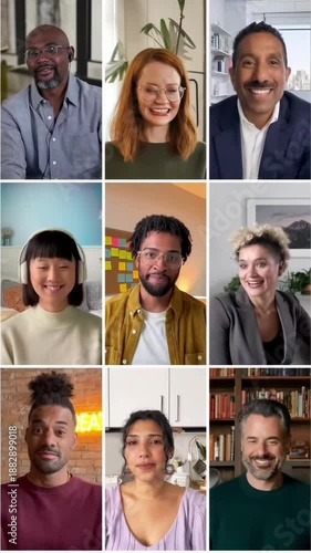 Video call grid with diverse people smiling, captured from a front-facing camera angle.