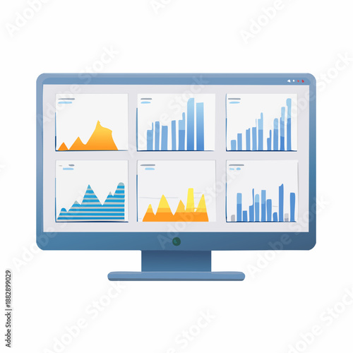Computer monitor display. Business data analysis. Graph and chart illustrations. Infographic on screen. Vector design. Blue and orange colors. Office workspace. White background. Business