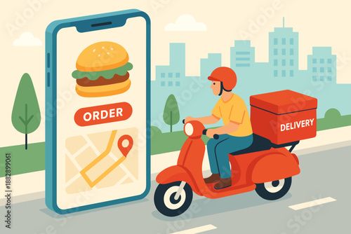 Food delivery service by scooter with mobile app in cityscape