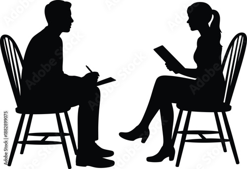 Silhouette of professional job interview between male recruiter and female candidate discussing resume during business meeting, human resources hiring concept, corporate recruitment conversation 