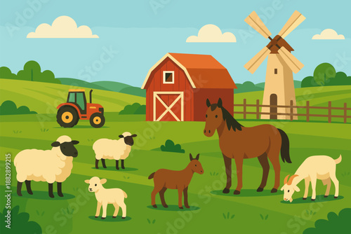 Colorful farm scene with barn, animals, and windmill in flat design
