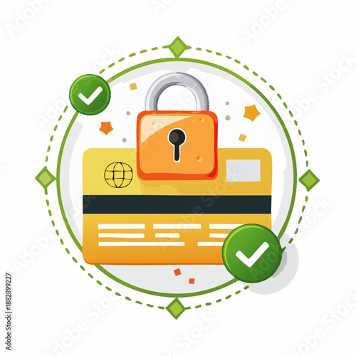Secure payment card. Credit card with lock. Online security icon. Vector illustration of protected payment method. Green checkmarks. White background.