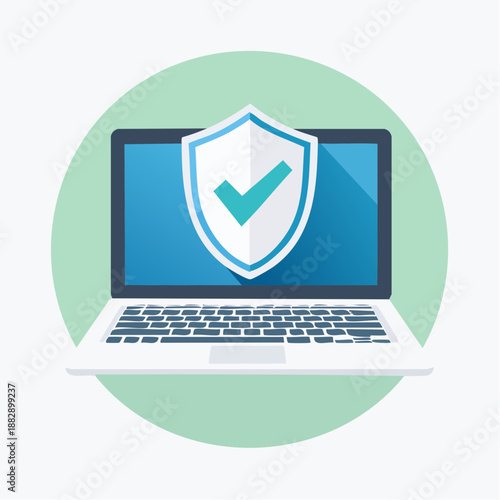 Laptop computer with shield and checkmark. Secure online protection. Cybersecurity concept. Vector illustration on green background. Laptop screen with blue and white shield. Green