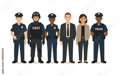 Diverse team of law enforcement and professionals in cartoon style