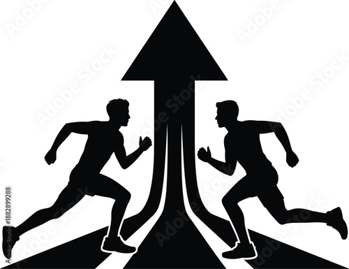 Silhouette of two runners racing toward upward arrow symbolizing success, competition, growth, motivation, leadership, teamwork, ambition, and business progress concept on white background