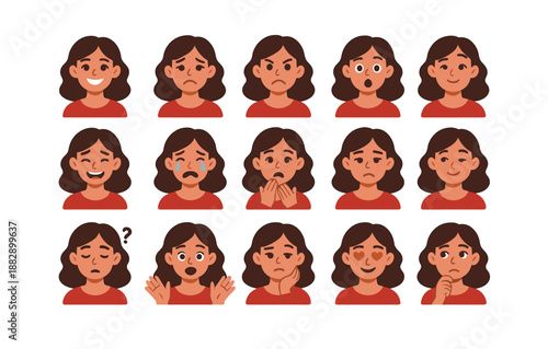 Diverse facial expressions of a woman in a flat style for emotional understanding