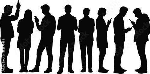 Silhouettes of diverse people standing in a row using smartphones, illustrating modern digital communication, social media addiction, mobile technology habits, online connectivity, and contemporary