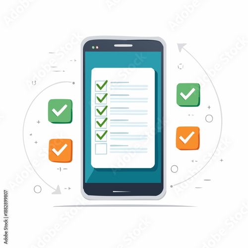 Smartphone with checklist on screen. Vector illustration of mobile phone. Checklist on mobile device. Green and orange checkmarks. White background. Business productivity icon.