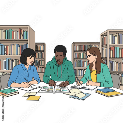 Three students studying together at a table with books and papers in a library with rows of bookshelves.