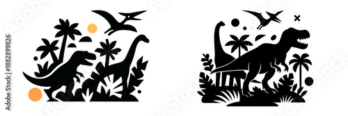 Dinosaur adventure with ancient flora and fauna in tropical landscape