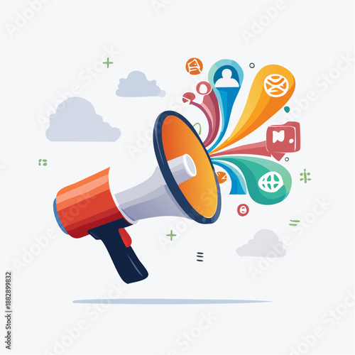 Megalophone with social media icons. Vector illustration of loudspeaker with speech bubbles, clouds, and symbols on white background. Communication and announcement concept. Colorful flat