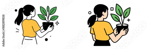 Plant lover holding a potted plant in a cheerful setting