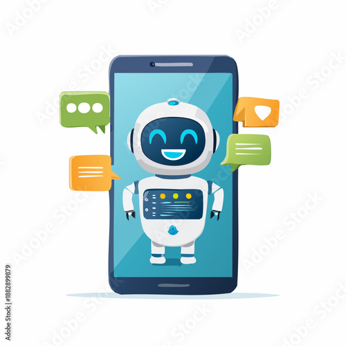 Robot character on smartphone screen. Cute robot illustration. Chatbot or AI assistant. Vector design. White background. Mobile phone icon. Communication symbols. Digital artwork. Simple