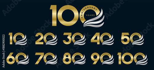 Set of modern vector logo designs for 10th to 100th anniversary with wing, in gold color for celebrations, weddings and birthdays