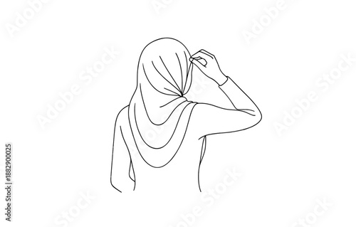 Minimalist line art of woman adjusting hijab from behind