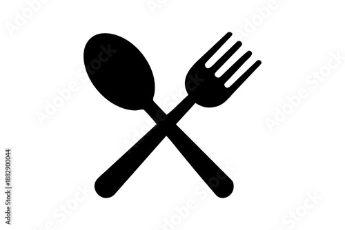 Spoon and Fork Crossed Icon – Restaurant, Food and Dining Symbol. Simple utensil icon with spoon and fork crossed over each other. Black silhouette of crossed spoon and fork icon.