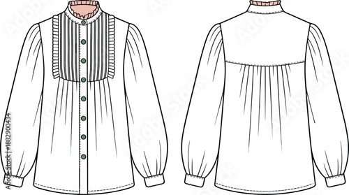 Technical fashion flat sketch of women long sleeve blouse with pleated yoke, front and back views, apparel design template, detailed garment illustration