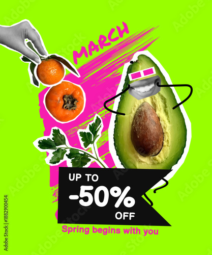 A modern sale collage featuring a cute avocado, persimmon, and tangerine on a green background.Women's Day, March 8.