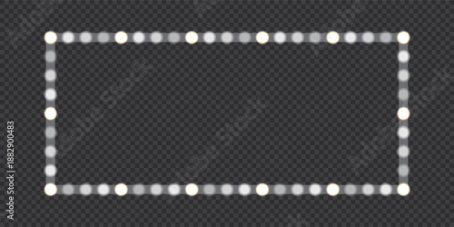 Retro neon marquee sign with white bulbs. Cinema or casino signboard. Vintage mirror or banner frame. Border for circus entrance sign. Vector illustration with gradient mesh and overlay effects.