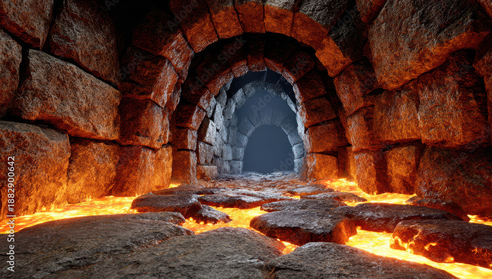 Fototapeta premium Stone dungeon tunnel with flowing lava illuminated by fiery light