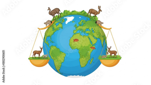 Earth with deer on balancing scales symbolizing conservation and wildlife balance globally