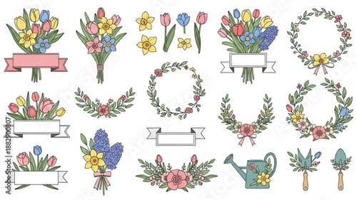 Spring Floral Arrangements and Garden Elements Collection.