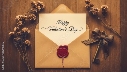 Vintage Valentines Day Card with Wax Seal and Dried Flowers.