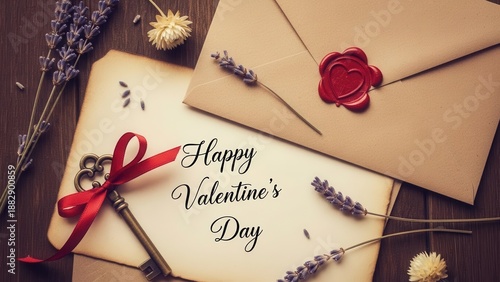 Vintage Valentines Day Love Letter with Key and Lavender.