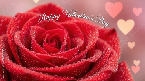Close-up of a Dew-Kissed Red Rose with Happy Valentines Day Text and Hearts.