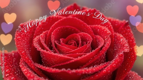 Close-up of a Dew-Kissed Red Rose with Heart Bokeh for Valentines Day.