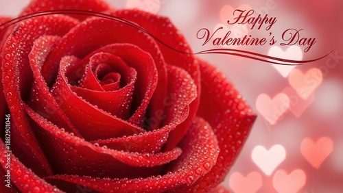 Close-up of a Dew-Kissed Red Rose with Valentines Day Greetings and Heart Bokeh.