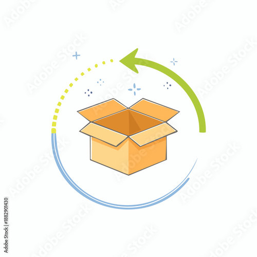 Open cardboard box. Vector illustration of package with green arrow. Delivery and shipping symbol. Box with flaps open. Simple icon for logistic and delivery concepts. White background.
