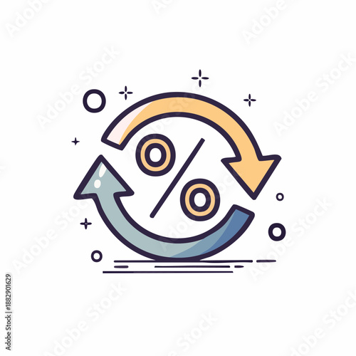 Discount percentage icon. Vector illustration of percent sign with arrows. Circular arrow symbol. Line style icon. White background. Business finance concept. Colorful design element.