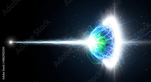 Vibrant green and blue glowing orb emitting bright light beam in space