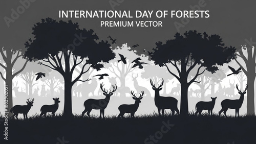 International day of forests premium vector illustration with deer and trees