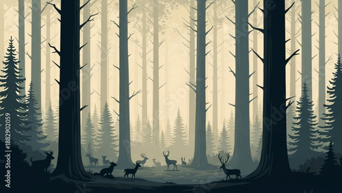 Misty forest with deer standing among tall trees and underbrush serene natural scenery with wildlife