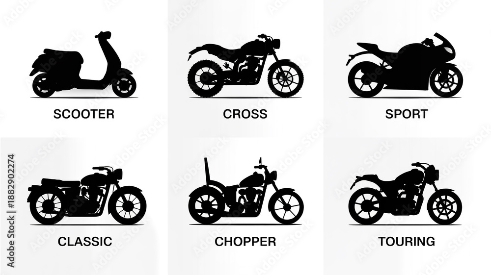 Fototapeta premium Vector illustration set of sport bicycle and motocross bike silhouettes featuring extreme stunts, racing motorbikes, and cycling riders with wheels