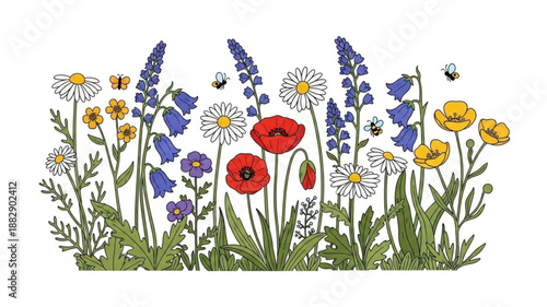 Wildflower Meadow With Poppies And Bees.