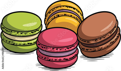 Assorted colorful French macaron cookies vector illustration, sweet almond meringue bakery snacks in green yellow pink brown