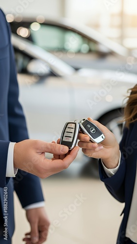 Close up of salesman giving car keys to female customer key car vehicle automobile transport security transportation electronic unlock lock buy driver keys