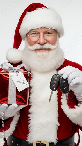 Mature santa claus holding gift box and car keys key car vehicle automobile transport security transportation electronic unlock lock buy driver keys