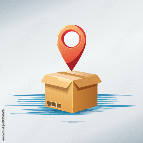 Vector illustration of cardboard box with location pin. Delivery box icon. Package with map marker. Shipping box on water. Vector design.