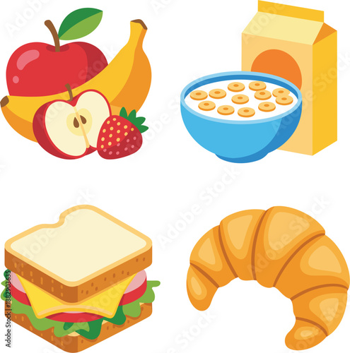  Healthy breakfast food vector set, fresh fruit bowl with cereal and croissant sandwich for morning meal