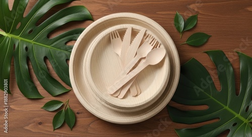 Stacked disposable plates and wooden cutlery surrounded by green leaves on a wooden table.