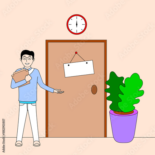 A man stands in front of a door with a sign on it with a gesture of inviting